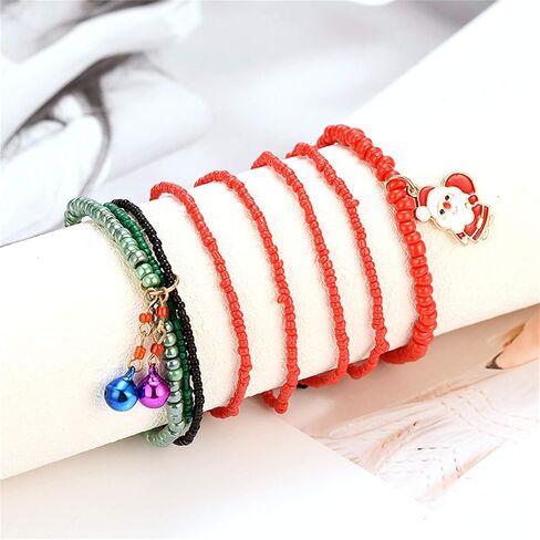 7 Pcs/Set Christmas Multi Color Stretch Beaded Charm Stackable Bracelet Xmas Jingle Bell Snowman Santa Claus Crutches Pendant Beaded Bracelets Adjustable Stretch Strand Elastic Bracelets Jewelry in Saudi Arabia