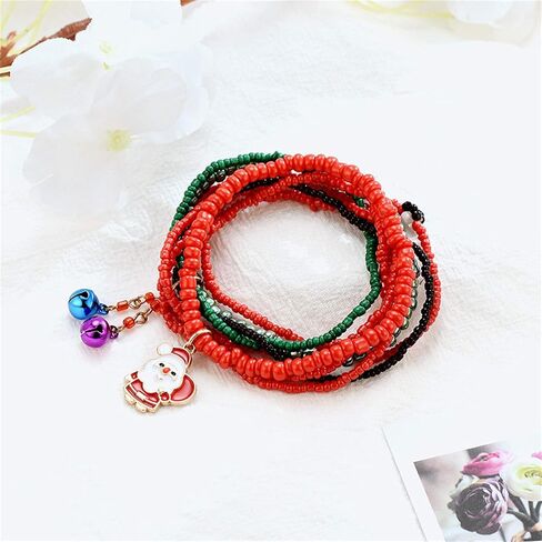 7 Pcs/Set Christmas Multi Color Stretch Beaded Charm Stackable Bracelet Xmas Jingle Bell Snowman Santa Claus Crutches Pendant Beaded Bracelets Adjustable Stretch Strand Elastic Bracelets Jewelry in Saudi Arabia