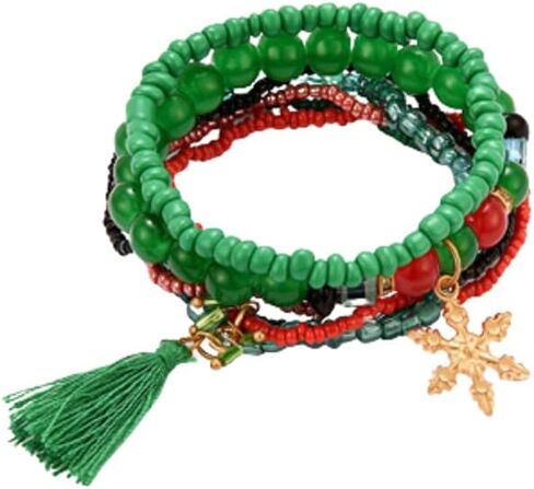 7 Pcs/Set Christmas Multi Color Stretch Beaded Charm Stackable Bracelet Xmas Jingle Bell Snowman Santa Claus Crutches Pendant Beaded Bracelets Adjustable Stretch Strand Elastic Bracelets Jewelry in Saudi Arabia