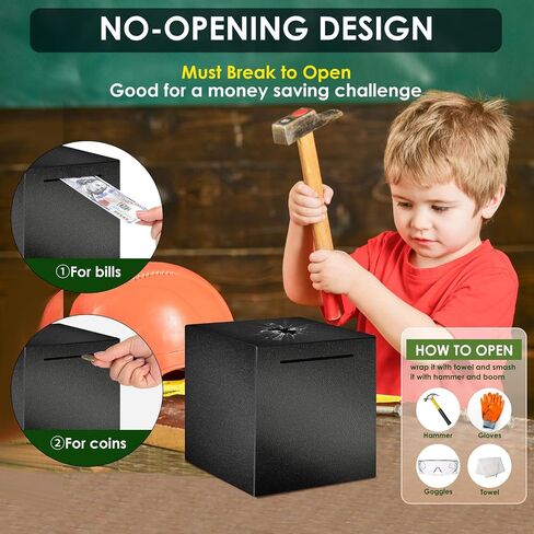 Piggy Bank for Adults Must Break to Open, Vcertcpl Stainless Steel Money Box Safe for Cash Saving, Unbreakable Adults Piggy Bank for Real Money, Metal Money Bank Saving Box (Black, 4.72 inch) in Saudi Arabia