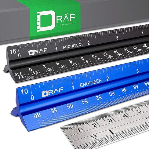 DRAF 12 Inch Architectural and Engineering Imperial Scale Ruler Set - Laser-Etched Aluminum Triangular Drafting Tool - for Architect and Civil Engineer Blueprints - Standard Metal Ruler Included in Saudi Arabia