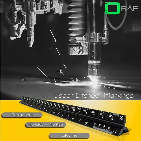 DRAF 12 Inch Architectural and Engineering Imperial Scale Ruler Set - Laser-Etched Aluminum Triangular Drafting Tool - for Architect and Civil Engineer Blueprints - Standard Metal Ruler Included in Saudi Arabia