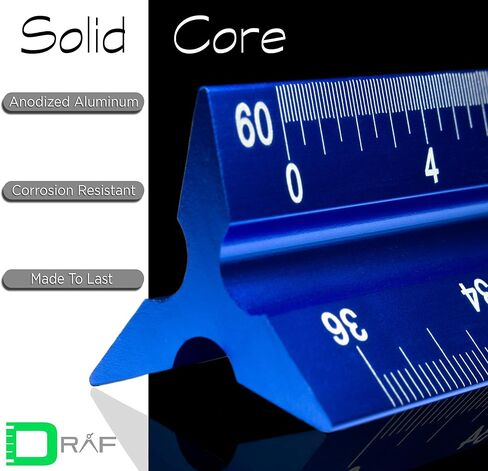 DRAF 12 Inch Architectural and Engineering Imperial Scale Ruler Set - Laser-Etched Aluminum Triangular Drafting Tool - for Architect and Civil Engineer Blueprints - Standard Metal Ruler Included in Saudi Arabia