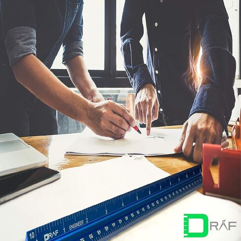 DRAF 12 Inch Architectural and Engineering Imperial Scale Ruler Set - Laser-Etched Aluminum Triangular Drafting Tool - for Architect and Civil Engineer Blueprints - Standard Metal Ruler Included in Saudi Arabia