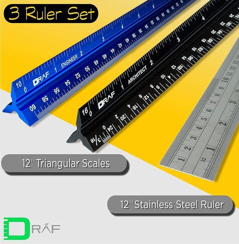 DRAF 12 Inch Architectural and Engineering Imperial Scale Ruler Set - Laser-Etched Aluminum Triangular Drafting Tool - for Architect and Civil Engineer Blueprints - Standard Metal Ruler Included in Saudi Arabia
