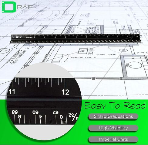 DRAF 12 Inch Architectural and Engineering Imperial Scale Ruler Set - Laser-Etched Aluminum Triangular Drafting Tool - for Architect and Civil Engineer Blueprints - Standard Metal Ruler Included in Saudi Arabia