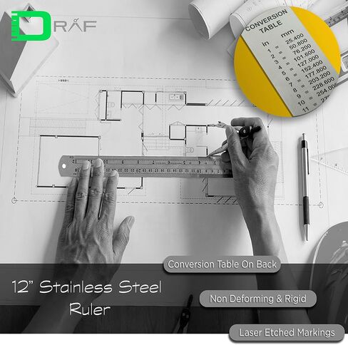 DRAF 12 Inch Architectural and Engineering Imperial Scale Ruler Set - Laser-Etched Aluminum Triangular Drafting Tool - for Architect and Civil Engineer Blueprints - Standard Metal Ruler Included in Saudi Arabia