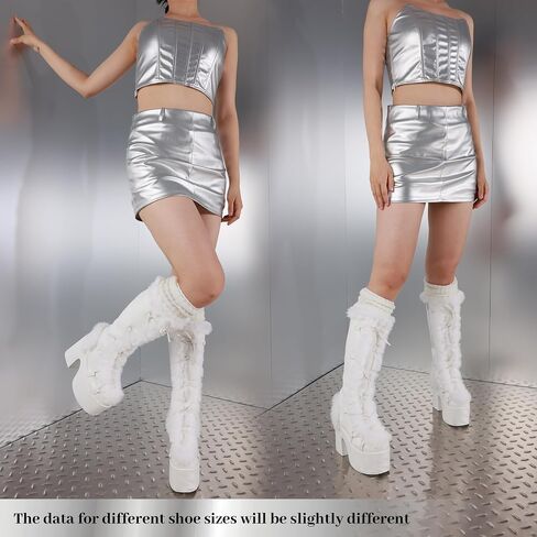Accloris Fur Knee High Boots Furry Platform Chunky Heel Rave Boots | Furry Detail · 14.56" Shaft · 5.1" Chunky Heel · Side Zip · Faux Leather—Snow Punk Goth Boots, Pile Socks to Mini Skirts in Saudi Arabia
