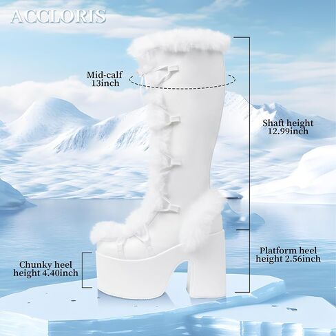 Accloris Fur Knee High Boots Furry Platform Chunky Heel Rave Boots | Furry Detail · 14.56" Shaft · 5.1" Chunky Heel · Side Zip · Faux Leather—Snow Punk Goth Boots, Pile Socks to Mini Skirts in Saudi Arabia