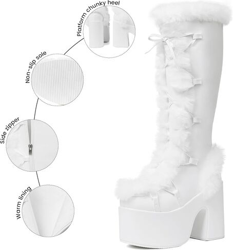 Accloris Fur Knee High Boots Furry Platform Chunky Heel Rave Boots | Furry Detail · 14.56" Shaft · 5.1" Chunky Heel · Side Zip · Faux Leather—Snow Punk Goth Boots, Pile Socks to Mini Skirts in Saudi Arabia