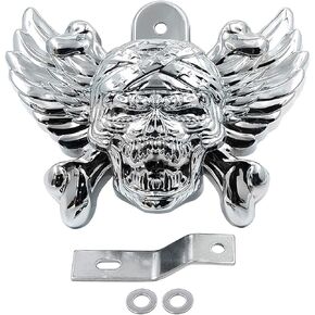 HTTMT MT246-010- Chrome Skull Zombie with Wing Cross Bone Horn Cover Compatible with 1992-2005 2006 2007 2008 2009 2010 2011 2012 2013 2014 2015 Harley with Side Mount "Cowbell" and all V-rod's