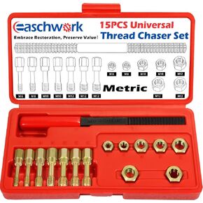 15 Piece Metric Thread Chaser Set Master Thread Rethreading Kit Universal M6 M8 M10 M12 Sizes Thread Restorer with Case