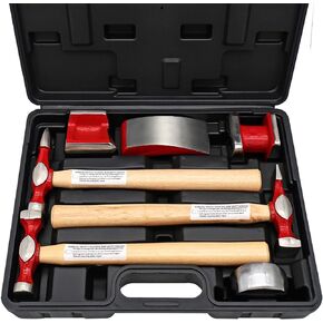 7 Piece Auto Body Repair Kit，Hammer and Dolly Tools with Carbon Steel on Wood Handles,Performance Heavy Duty Dollies Set,Roller Fixer Dent Remover Tool.