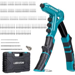 Libraton One-Handed Rivet Gun, Pop Rivet Gun Set, Professional Hand Riveter, Manual Riveting Tool with 200 Rivets for Metal, Includes 4 Drill Bits, 4 Tool-Free Interchangeable Heads, Storage Case