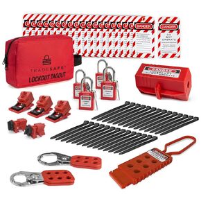TRADESAFE Electrical Lockout Tagout Kit - Hasps, Clamp on and Universal Multipole Circuit Breaker Lockouts, Loto Tags, Plug Lockout, Loto Locks Set (1 Key Per Lock) for Safe Electrical Lockouts Red