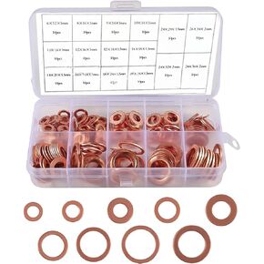 200 PCS Car Flat Crushed Copper Gasket Classification Kit, M5 M6 M8 M10 M12 M14 9 Specifications Copper Metric Washers, Oil Pan Plug Sealing Gaskets, Universal Accessories for Most Car (Gold)