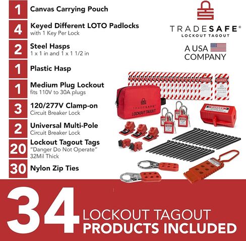 مجموعة علامات القفل الكهربائي من TRADESAFE - مشابك ومشبك وأقفال قواطع دوائر عالمية متعددة الأقطاب، وعلامات Loto، وقفل القابس، ومجموعة أقفال Loto (مفتاح واحد لكل قفل) للأقفال الكهربائية الآمنة باللون الأحمر in Saudi Arabia