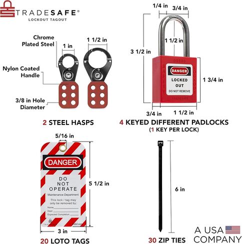 مجموعة علامات القفل الكهربائي من TRADESAFE - مشابك ومشبك وأقفال قواطع دوائر عالمية متعددة الأقطاب، وعلامات Loto، وقفل القابس، ومجموعة أقفال Loto (مفتاح واحد لكل قفل) للأقفال الكهربائية الآمنة باللون الأحمر in Saudi Arabia