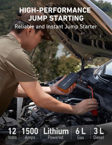 AstroAI S8 Car Jump Starter، بطارية السيارة 1500 أمبير مع شاحن حائط لما يصل إلى 6.0 لتر من الغاز ومحركات الديزل 3.0 لتر، صندوق القفز المحمول 12 فولت مع 3 أوضاع مصباح يدوي وكابل توصيل (برتقالي) in Kuwait