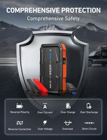AstroAI S8 Car Jump Starter، بطارية السيارة 1500 أمبير مع شاحن حائط لما يصل إلى 6.0 لتر من الغاز ومحركات الديزل 3.0 لتر، صندوق القفز المحمول 12 فولت مع 3 أوضاع مصباح يدوي وكابل توصيل (برتقالي) in Kuwait