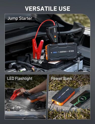 AstroAI S8 Car Jump Starter، بطارية السيارة 1500 أمبير مع شاحن حائط لما يصل إلى 6.0 لتر من الغاز ومحركات الديزل 3.0 لتر، صندوق القفز المحمول 12 فولت مع 3 أوضاع مصباح يدوي وكابل توصيل (برتقالي) in Kuwait