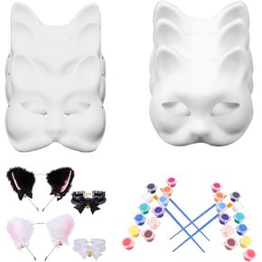 Therian Mask Kit Cosplay DIY Blank Animal Costume Masks Halloween Dress Up Mask Set with 2 Set Fox and Cat Mask Furry Cat Ear Band Necklace for Masquerade Cosplay Party