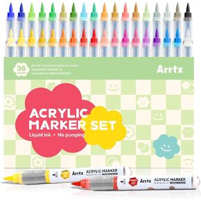 Arrtx Acrylic Markers 36 Colors,Brush Tip Acrylic Paint Markers Paint Pens Set for Rock Painting Glass Stone Wood