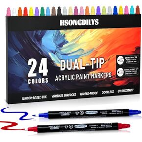 24 Colors Dual Tip Acrylic Paint Pens Set - Ideal for Rock Painting, Wood, Canvas, Glass, and More. Premium Quality Markers for DIY Crafts and Art Projects