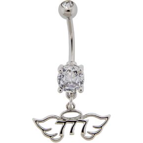 Pierced Owl 14GA 316L Stainless Steel CZ Crystal Angel Number and Wings Dangling Belly Button Ring