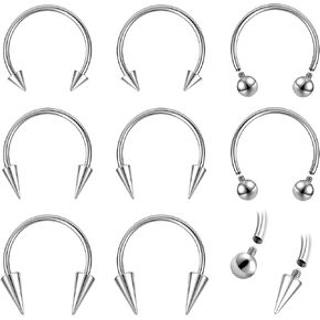 ZS 8Pcs 16G/18G Spike Nose Septum Rings, Stainless Steel Internally Threaded Horseshoe Circular Barbell Piercing Jewelry for Nose Lip Tragus Cartilage Helix Daith