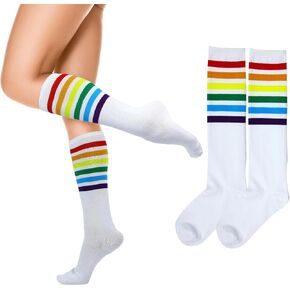 Rainbow Striped Knee High Socks for Women Girls Stripe Stockings Thin Long White Tube Socks Knee Highs Novelty Elasticity Athletic Socks 1 Pack