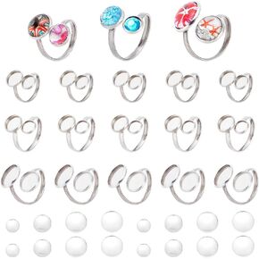 PH PandaHall 18pcs Stainless Steel Ring Base Finger Ring Blank Base Cuff Ring Settings Flat Round Pad Ring Base with 36pcs Glass Cabochons for DIY Ring Making Crafts Jewelry Making Supplies