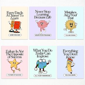 Set of 6 Colorful Growth Mindset Posters, Retro Inspirational Classroom Poster, Motivation Growth Mindset Wall Art for Classroom, Educational Poster for Teachers Bulletin Board 8x10in Unframed