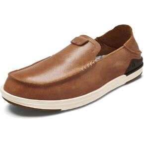 OLUKAI Kakaha Men's Slip-On Shoes, Full-Grain Leather Sneakers, Gel Insert for Comfort & Support, Comfort Fit & Wet Grip Rubber, Fox/Fox, 14