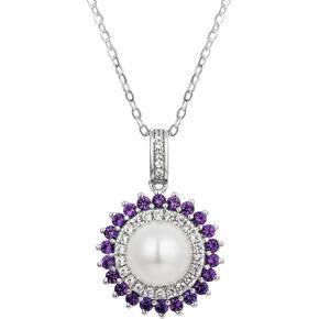 Freshwater Cultured Pearl 16/17/18 Inch Pendant Necklace with White and Blue Sapphire Accents For Women 14K White Gold Over Silver Chain Comes With Gift Box