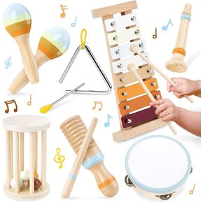 Musical Instruments for Toddlers 1-3 - 7 in 1 Montessori Wooden Percussion Music Toys Set for Kids and Babies