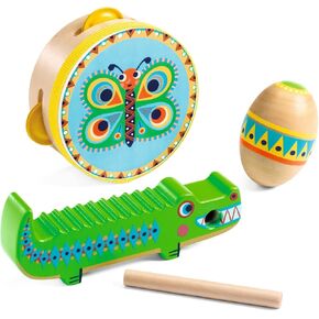 DJECO Animambo 3 Pc Set - Guiro, Maracas, Tambourine - Safe Music Instrument for Kids, Educational Toddler Musical Toy for Motor Skills, Creativity, Imagination & Rythym - Toys Girls & Boys