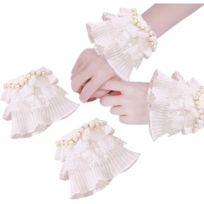 Lolita White Pleated Lace Flared Hand Sleeve Sexy Edge beaded decoration Hand Sleeve for Princess Nightclub Christmas Wedding Halloween Masquerade