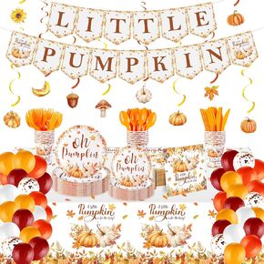 Zhehao 220 Pcs Pumpkin Baby Shower Party Decoration Little Pumpkin Baby Shower Party Supplies Fall Baby Shower Decoration Pumpkin Baby Shower Tableware Fall Balloon and Banner for Party Supplies