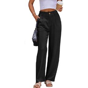 Fakanhui Women's Linen Dressy Work Casual Pants Summer Business Straight Wide Leg Cotton Linen Trouser Pants