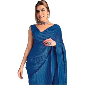 Women's Full Crushed/Pleated Satin Saree With Unstitched Blouse Piece (B Rama)