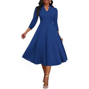Women V-Neck Midi Dress Vintage 3/4 Sleeve Church Aline Dress Wedding Guest Cocktail Swing Dresses