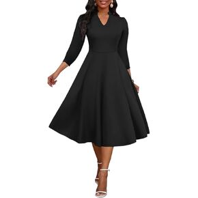 Women V-Neck Midi Dress Vintage 3/4 Sleeve Church Aline Dress Wedding Guest Cocktail Swing Dresses
