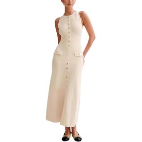 ELFTOWN Women's Summer Sleeveless Single Breasted Knit Maxi Dress Slit Crew Neck Long Sweater Bodycon Dress