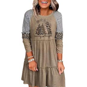 Merry Christmas Mini Dress Fashion Women Print Skirt Cool Mom Funny Novelty Leopard Tree Striped Long Sleeve Shirt
