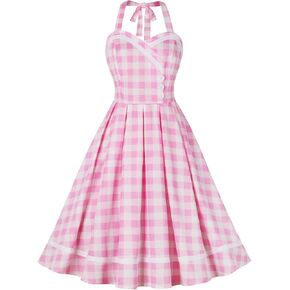 Vintage Pink Gingham Dress for Women 1950s 50s Ruffle Spaghetti Straps Checkered Swing Tea Dresses Rockabilly Audrey Hepburn in Saudi Arabia