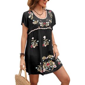 Mexican Embroidered Dress for Women Mini Boho Dresses Hippie Floral Ethnic Vintage Embroidery Traditional Drape Tunic Dress