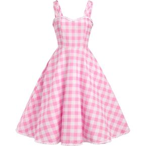 Vintage Pink Gingham Dress for Women 1950s 50s Ruffle Spaghetti Straps Checkered Swing Tea Dresses Rockabilly Audrey Hepburn