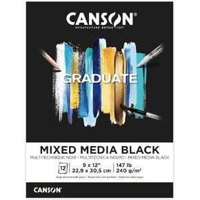 Canson Graduate Black Mixed Media Pad, Foldover, 9x12 inches, 12 Sheets - Artist Paper for Collage, Watercolor, Ink, Pencil, Marker