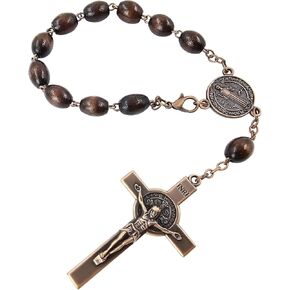 TALISMAN4U Saint Benedict Medal One Decade Catholic Rosary for Car Rearview Mirror Dark Brown Wood Prayer Beads Sacred St Benedict Crucifix Rosaries Bracelet Religious Gift for Men Women